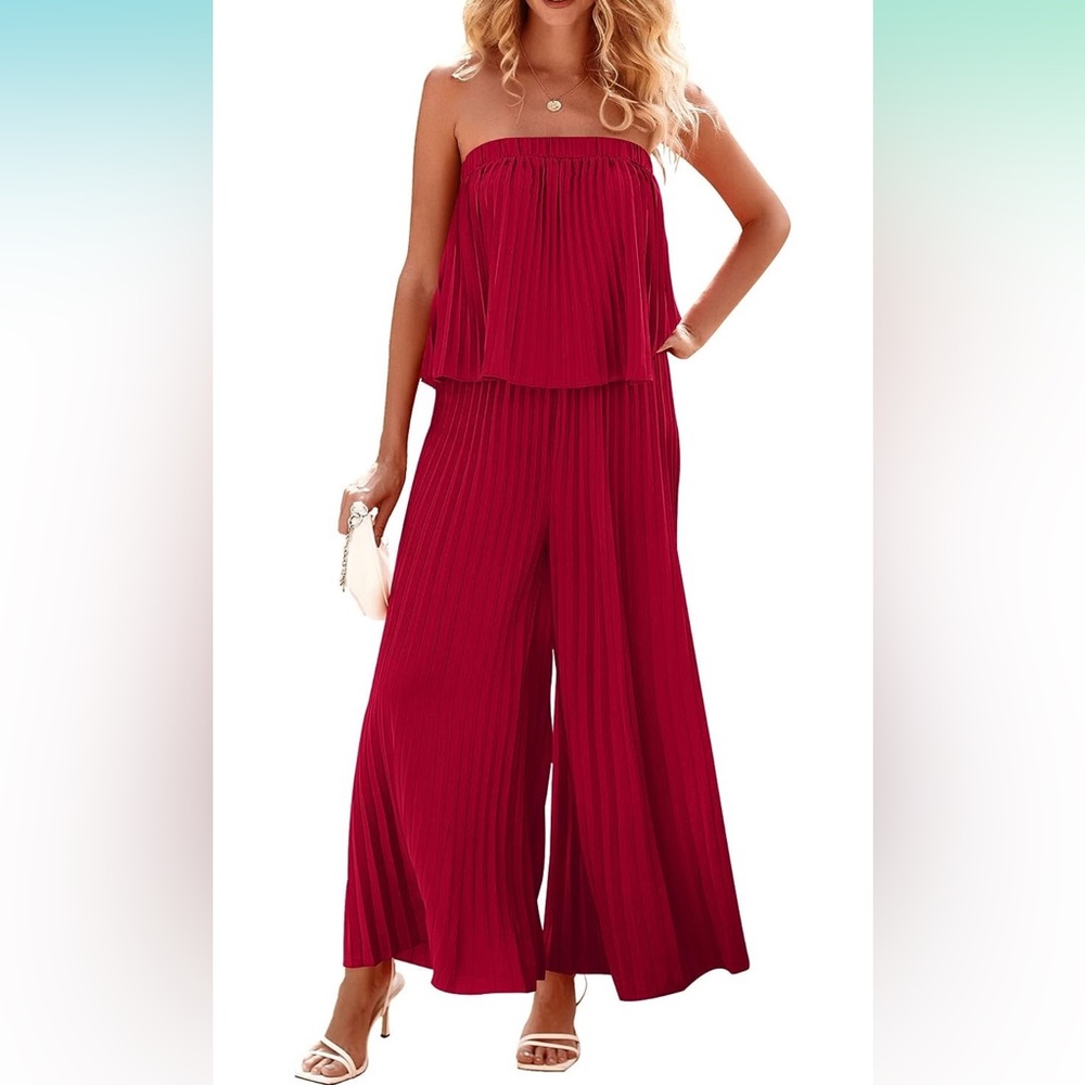 Off Shoulder Summer Jumpsuit Wide Leg Pleated Palazzo Pants